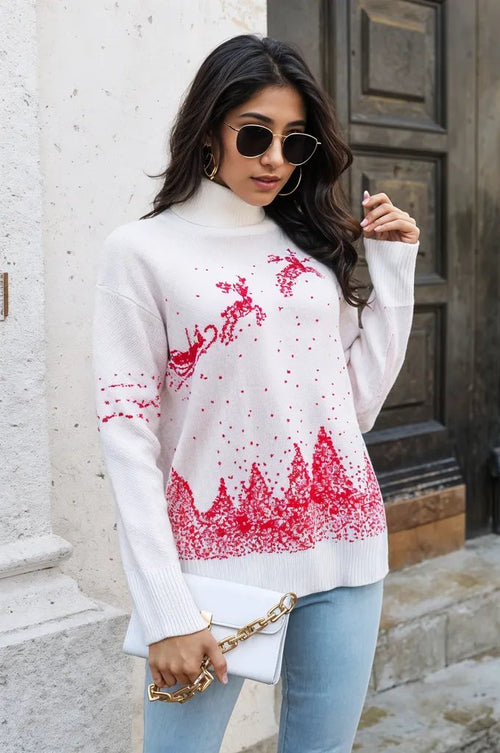 Cheerful Reindeer Turtleneck Pullover Sweater