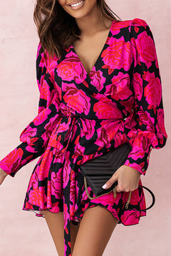 Elegant Rose Floral V Neck Sleeve Dress