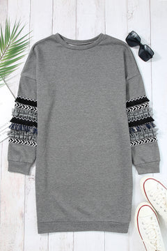 Exquisite Grey Fringed Ruffled Sweatshirt Dress