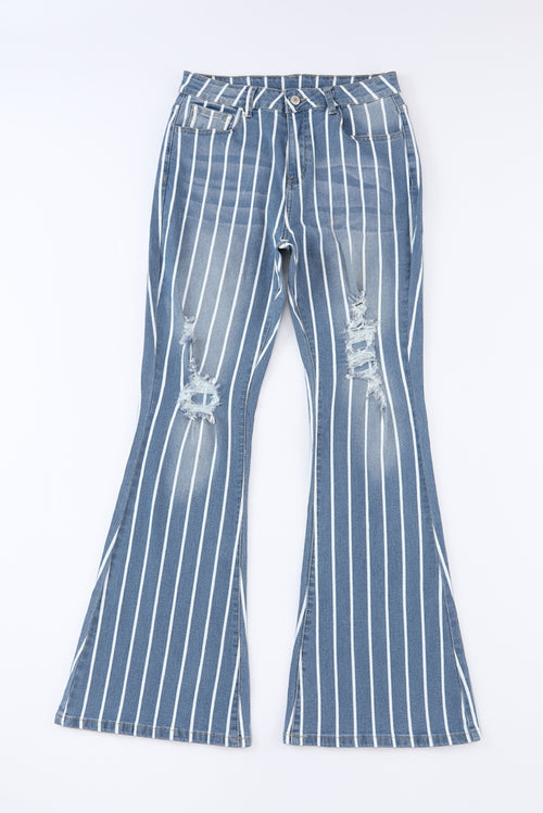 Sky Blue Striped Ripped Flare Jeans 🌟