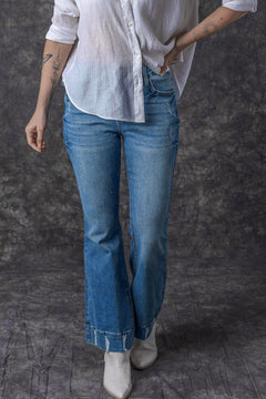 Sky Blue Distressed Flare Jeans: Retro-Chic Essential