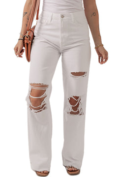 Edgy Vibes White Distressed Straight Leg Jeans