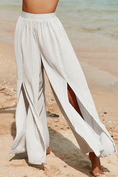 White Striped Printed Slit Wide Leg High Waist Pants