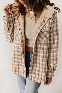 Snuggly Khaki Plaid Sherpa-Lined Hooded Shacket