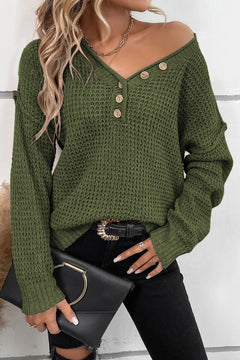 Chic Buttoned V Neck Drop Shoulder Sweater