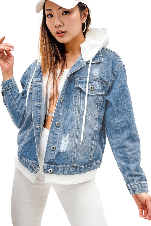 Sky Blue Distressed Hooded Denim Jacket: Stylish Comfort