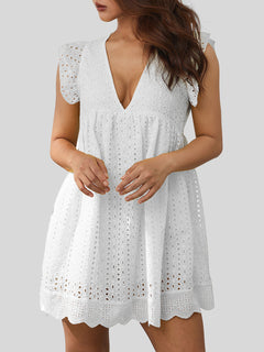 Eyelet Ruffled Mini Dress with Cap Sleeves