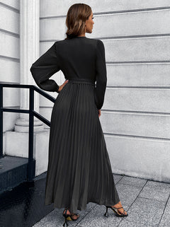 V-Neck Pleated Maxi Dress with Tie Waist