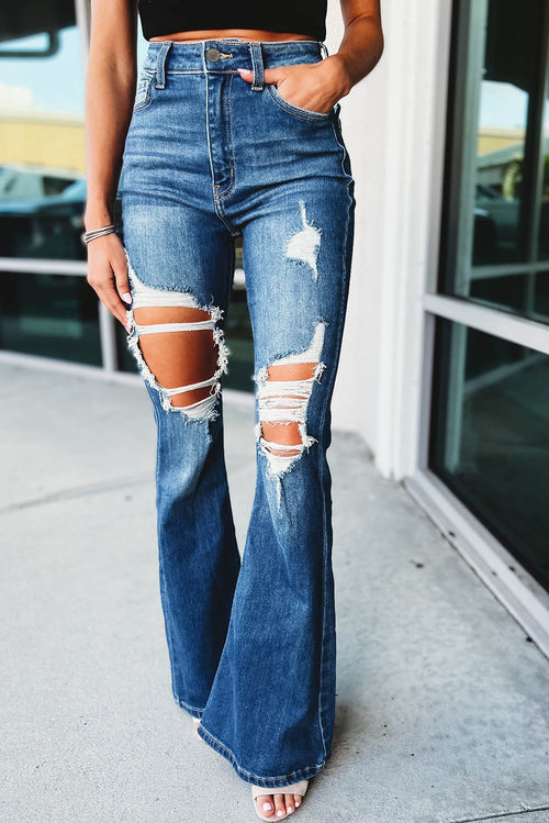 Blue Distressed Flare Jeans: '70s Retro Revival!