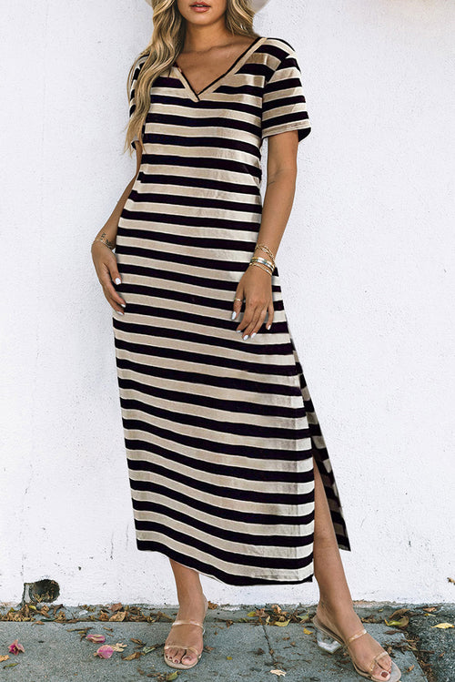 Elegant Striped V-Neck Maxi Dress: Timeless Sophistication