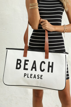 White BEACH PLEASE Print Large Canvas Tote Bag