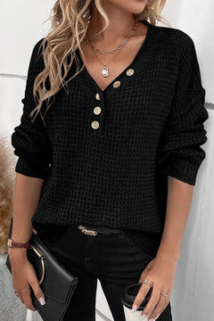 Chic Buttoned V Neck Drop Shoulder Sweater