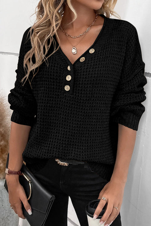 Chic Buttoned V Neck Drop Shoulder Sweater