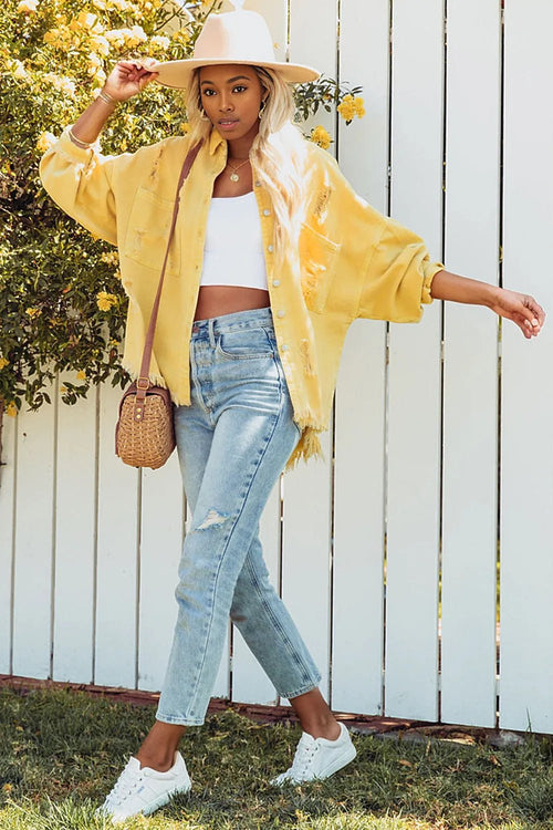 Green Distressed Denim Jacket with Fringe Trim