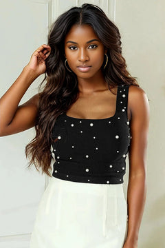 Chic Black Pearl Sleeveless Crop Top: Elevate Your Elegance.