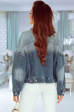 Sky Blue Metal Buttons Flap Pocket Drop Shoulder Denim Jacket