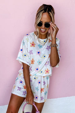 White Flower Print Short Sleeve High Waist Two Piece Shorts Set