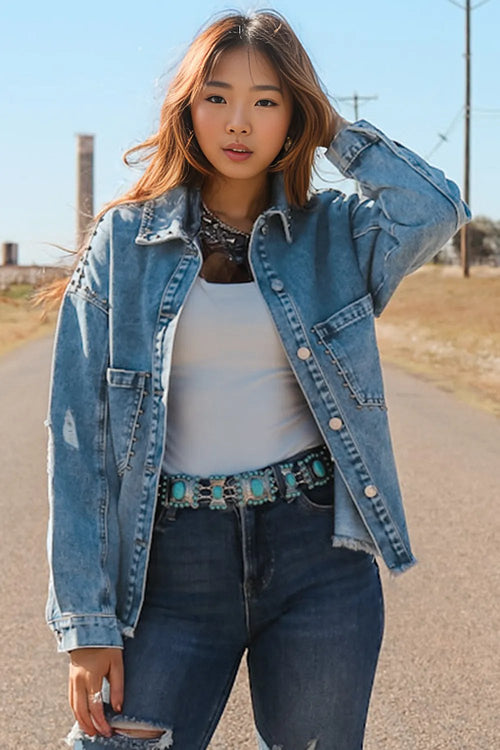 Sky Blue Studded Denim Jacket: Autumn Essential!