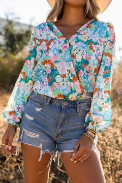 Elegant Sky Blue Floral Wrap Bodysuit