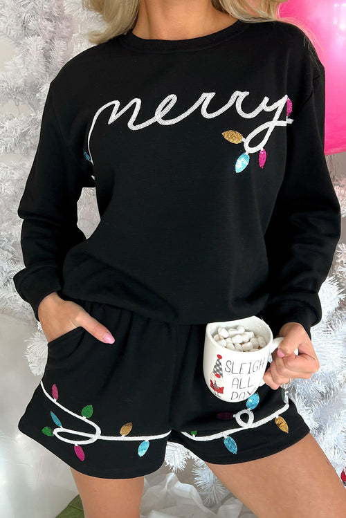 Glimmering Black Sequin Merry Cheer Pullover & Shorts Set