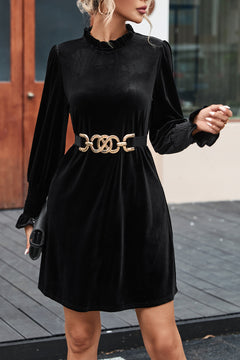 Elegant Black Velvet Frill Neck Shift Dress