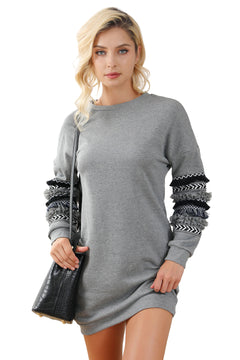 Exquisite Grey Fringed Ruffled Sweatshirt Dress