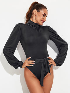 Elegant Turtleneck Backless Lantern Sleeves Bodysuit