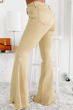 Khaki Raw Edge Flared Jeans: Fresh & Chic