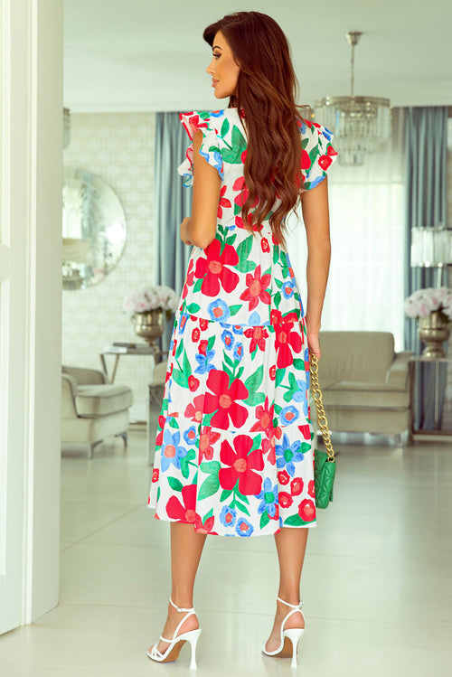 Elegant Multicolour Floral Midi Dress: Sophisticated Sophistication
