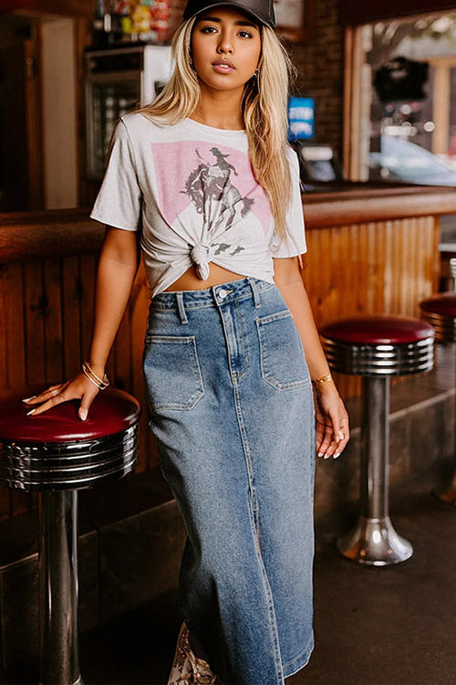 Effortlessly Chic Sky Blue Denim Midi Skirt