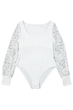 White Lace-Sleeved Square Neck Bodysuit: Timeless Elegance