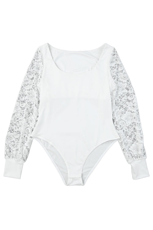 White Lace-Sleeved Square Neck Bodysuit: Timeless Elegance