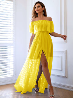 Elegant Off-Shoulder Split Maxi Dress in Polyester