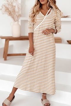 Elegant Khaki Striped V-neck Dress