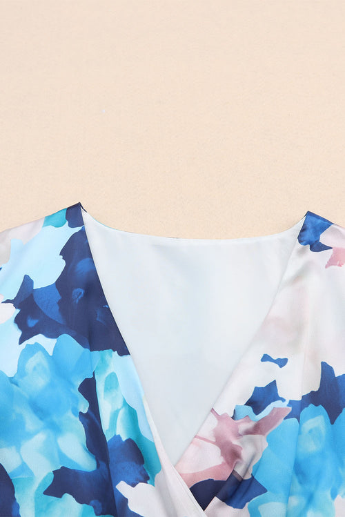 Blue Abstract Floral Ruffle Dress: Graceful Elegance