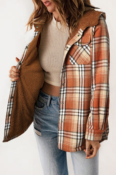 Snuggly Khaki Plaid Sherpa-Lined Hooded Shacket