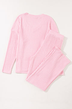 Light Pink Ribbed Knit V Neck Slouchy Two-piece Outfit