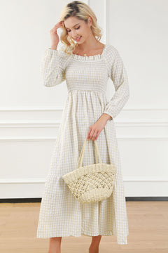 Sophisticated Elegance: Khaki Plaid Tiered Maxi