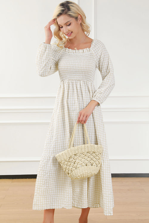 Sophisticated Elegance: Khaki Plaid Tiered Maxi