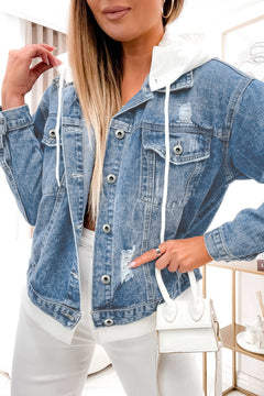 Sky Blue Distressed Hooded Denim Jacket: Stylish Comfort