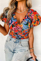 Effortlessly Chic Orange Floral V-Neck Blouse