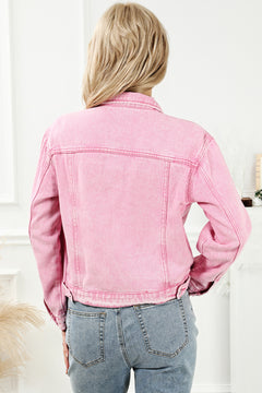 Charming Pink Acid Wash Denim Jacket with Flap Pockets