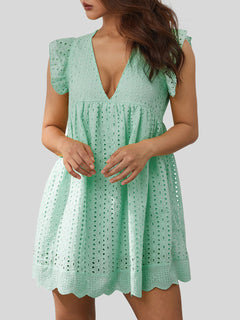 Eyelet Ruffled Mini Dress with Cap Sleeves