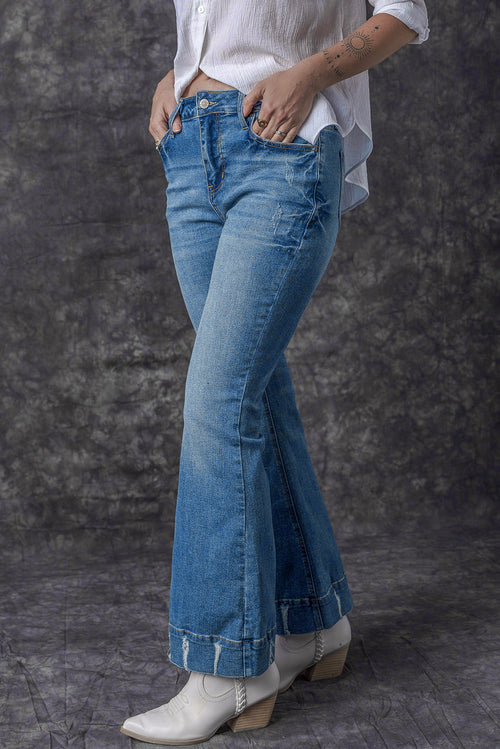 Sky Blue Distressed Flare Jeans: Retro-Chic Essential