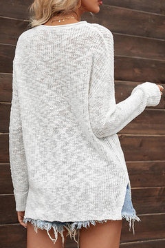 Charming White V Neck Sweater with Side Splits