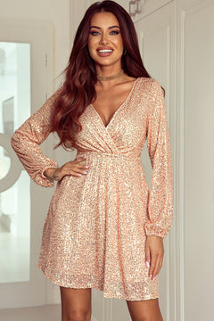 Apricot Sequin V-Neck Elegance Dress