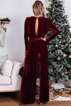 Whimsical Fiery Red Velvet Wide Leg Jumpsuit with Cut-Out Charm