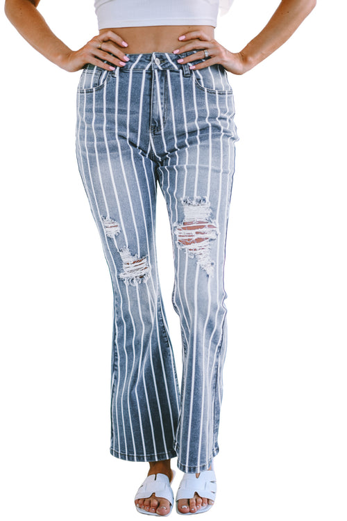 Sky Blue Striped Ripped Flare Jeans 🌟