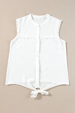 White Lace Trim Crinkle Knot Hem Sleeveless Shirt