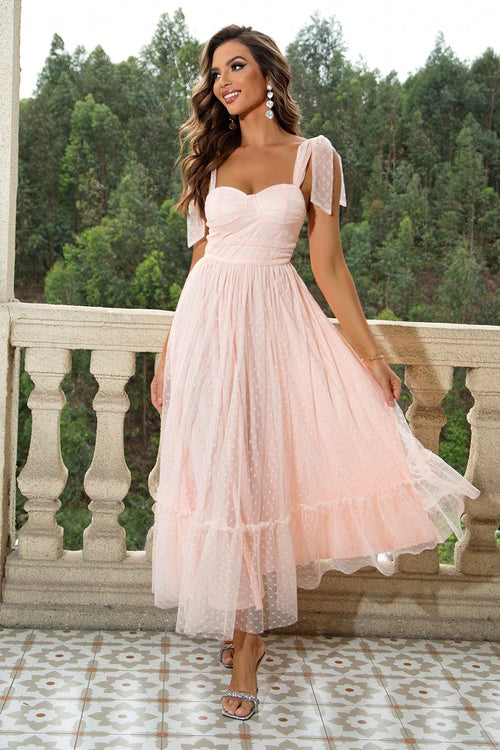 Elegant Tie-Shoulder Frill Dress with Sweetheart Neck